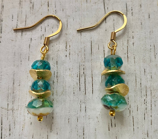 SEA FOAM: CZECH CRYSTAL AND GOLD EARRINGS