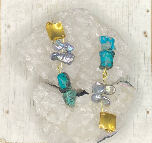 TURQUOISE AND PEACOCK PEARL EARRINGS