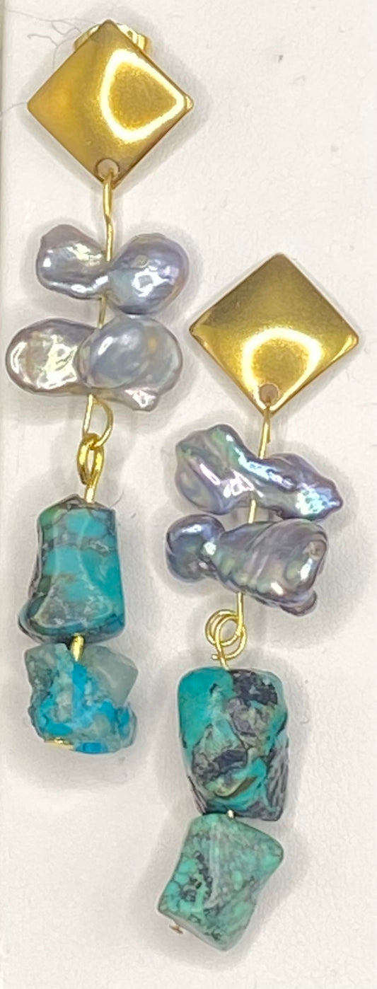TURQUOISE AND PEACOCK PEARL EARRINGS